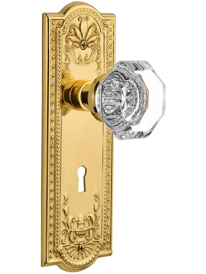 Meadows Door Set with Waldorf-Crystal Glass Knobs and Keyhole in Un-Lacquered Brass.